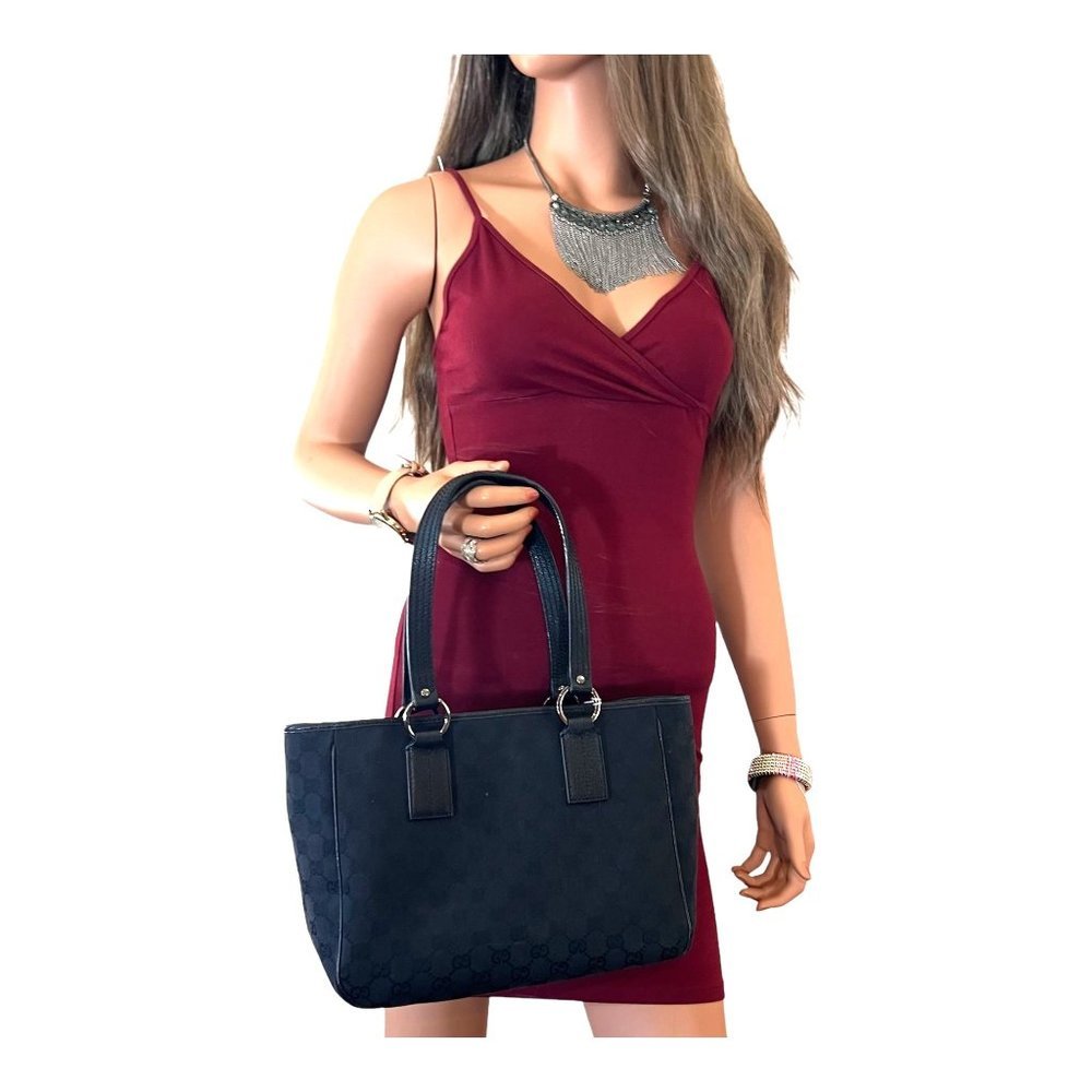 Authentic Gucci Tote Bag Black Canvas Used GG Handbag Vintage​